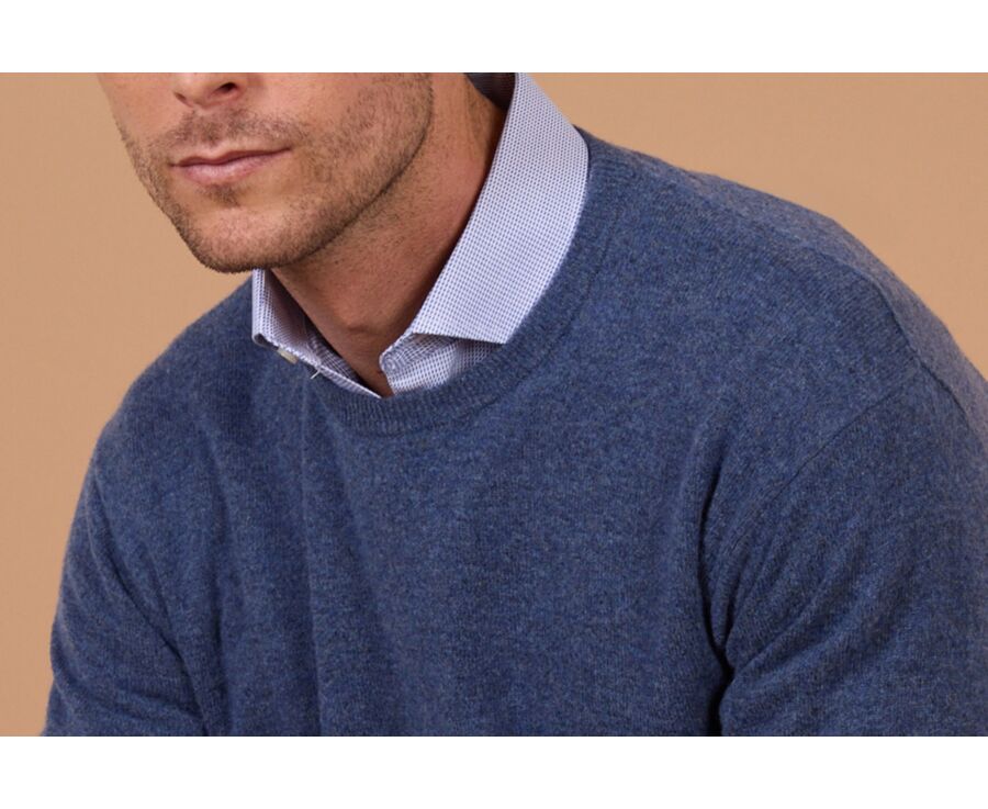 Men's dark blue mélange crew neck lambswool jumper - CONAN