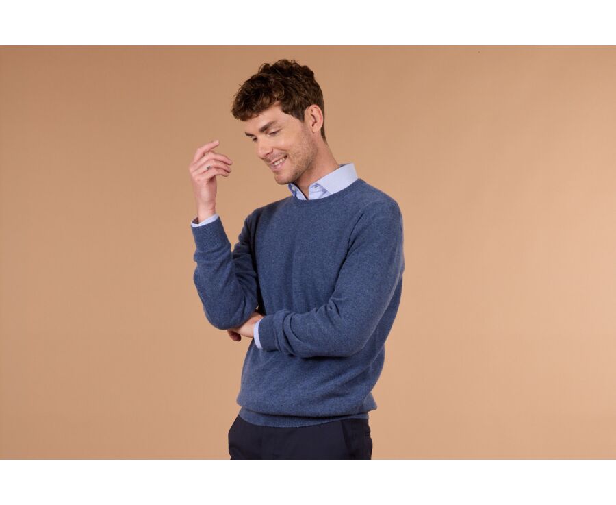 Men's dark blue mélange crew neck lambswool jumper - CONAN