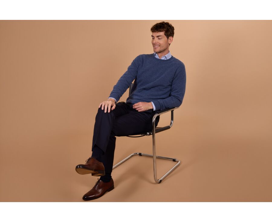 Men's dark blue mélange crew neck lambswool jumper - CONAN