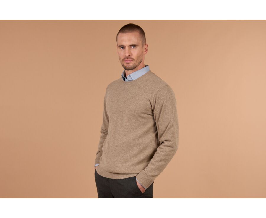 Men's light taupe mélange crew neck lambswool jumper - CONAN