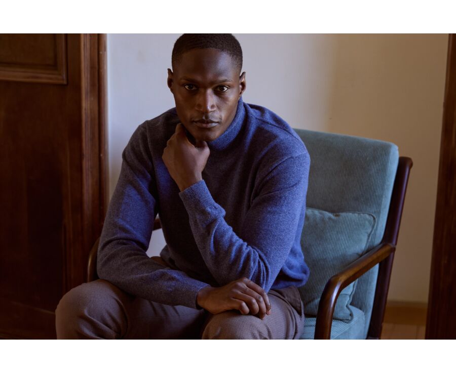 Men's dark blue mélange roll neck lambswool jumper - EMERIC