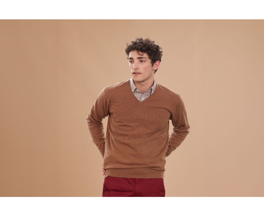 Melange Hazelnut v-neck wool jumper - ELIAN