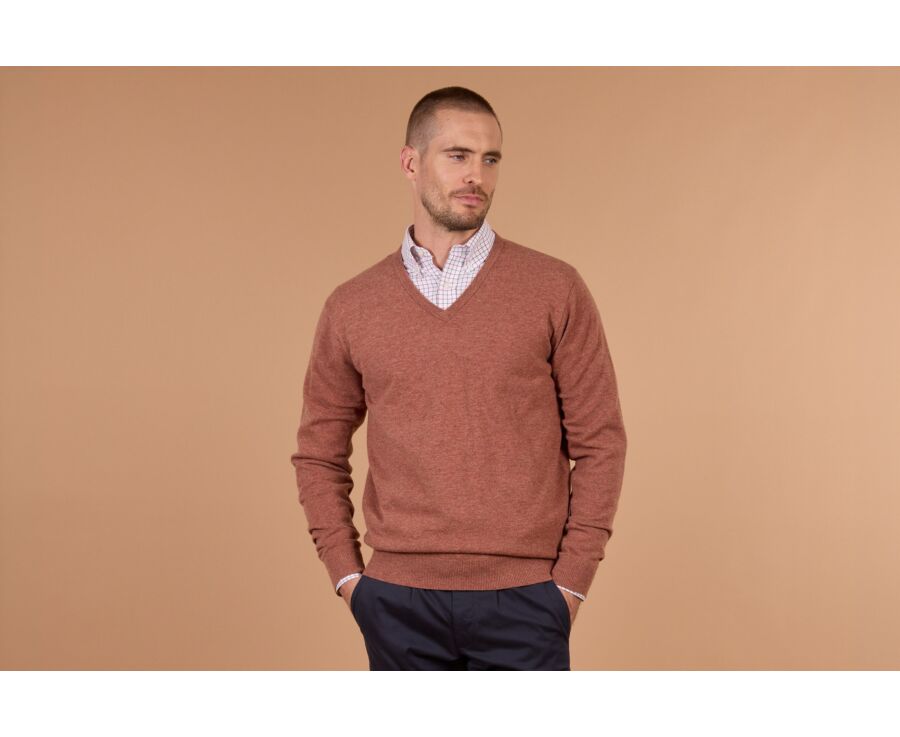Men's rust mélange V-neck lambswool jumper - ELIAN