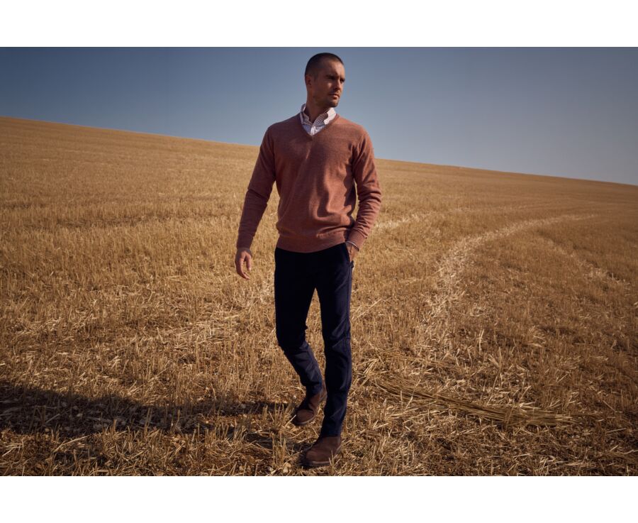 Men's rust mélange V-neck lambswool jumper - ELIAN