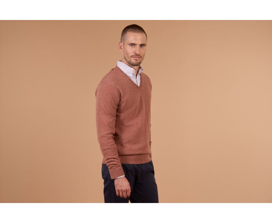 Men's rust mélange V-neck lambswool jumper - ELIAN
