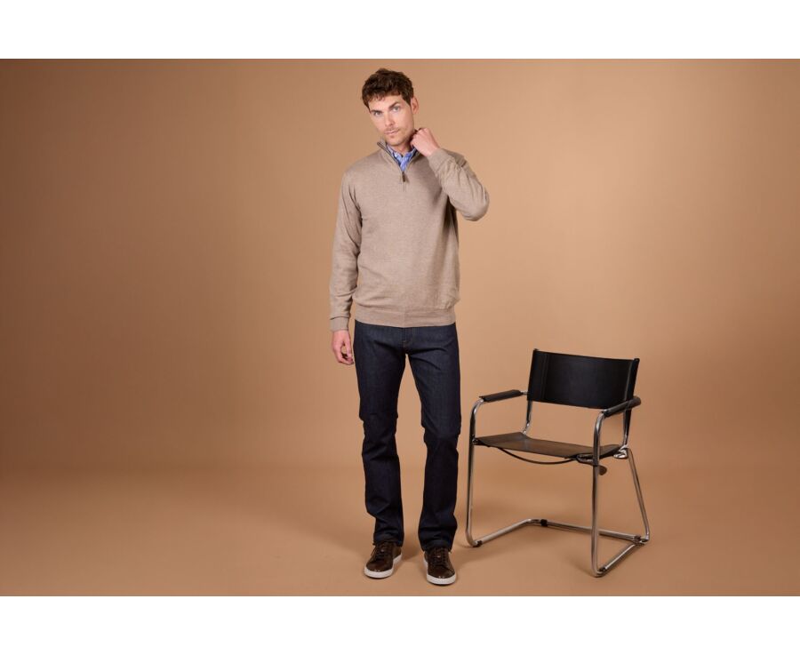 Taupe Melange organic cotton/cashmere half-zip thin jumper - VLAD