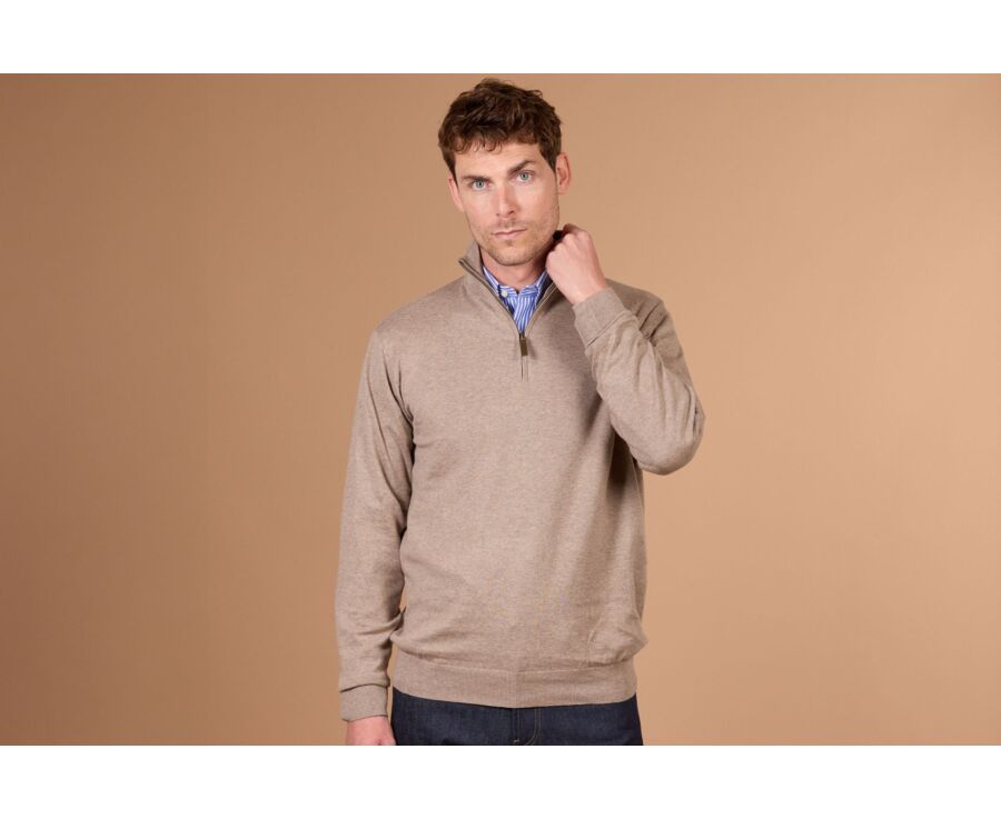 Taupe Melange organic cotton/cashmere half-zip thin jumper - VLAD