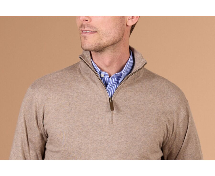 Taupe Melange organic cotton/cashmere half-zip thin jumper - VLAD