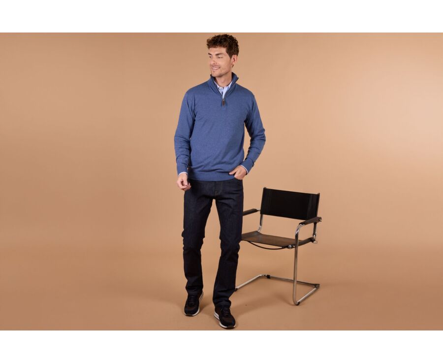 Dark Blue Melange organic cotton/cashmere half-zip thin jumper - VLAD
