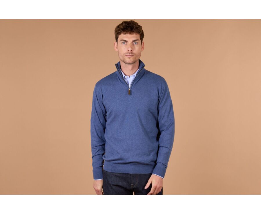 Dark Blue Melange organic cotton/cashmere half-zip thin jumper - VLAD