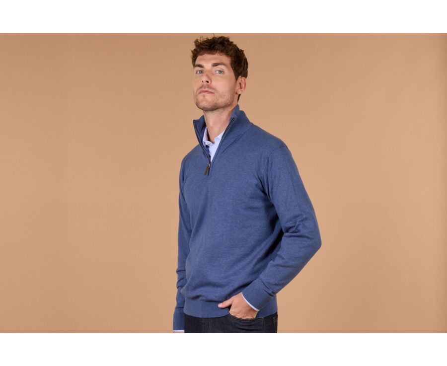 Dark Blue Melange organic cotton/cashmere half-zip thin jumper - VLAD