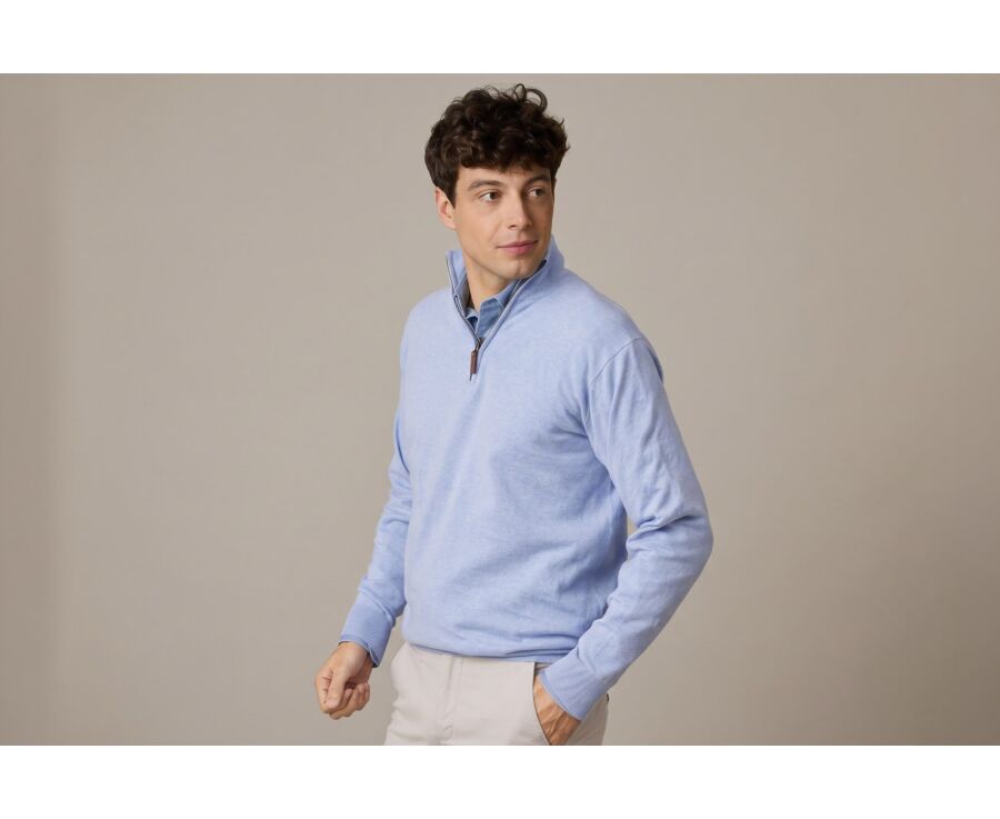 Light Blue Melange organic cotton/cashmere half-zip thin pullover - VLAD