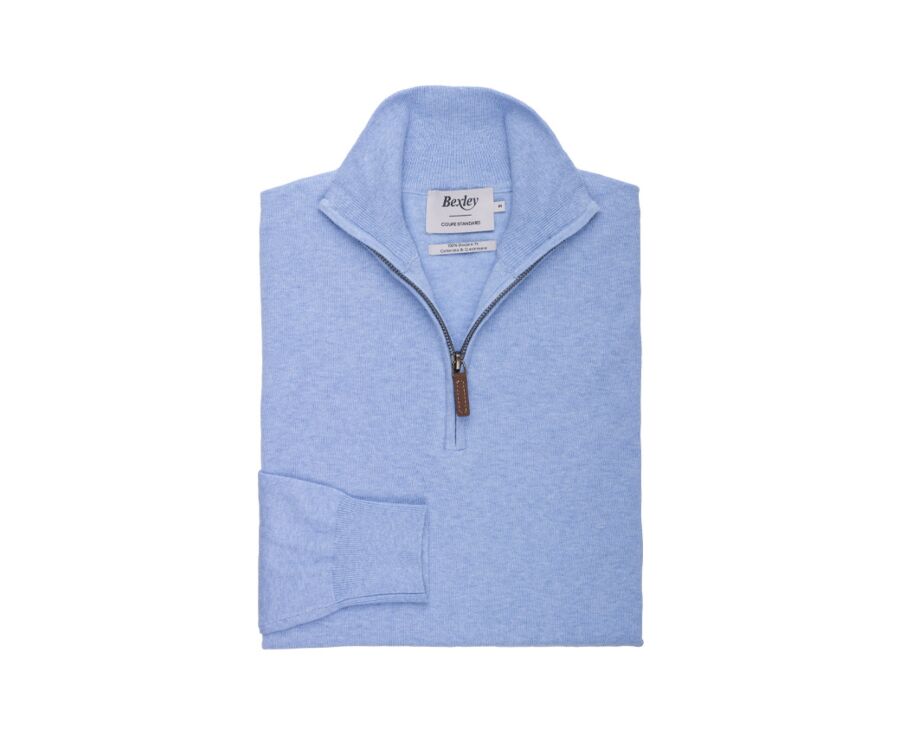 Light Blue Melange organic cotton/cashmere half-zip thin pullover - VLAD