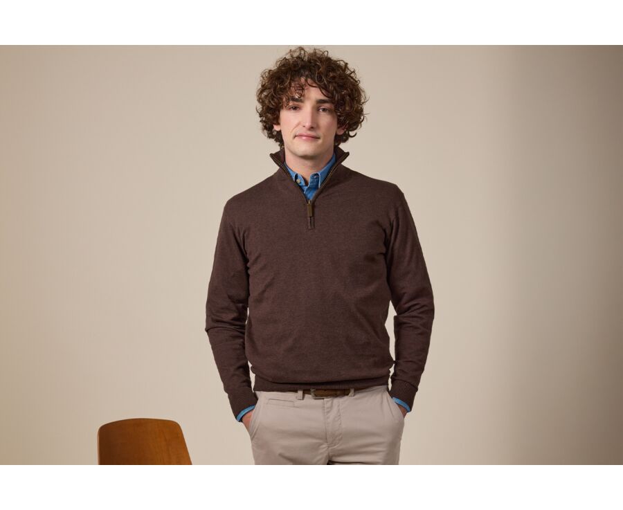 Dark Chocolate organic cotton/cashmere half-zip thin pullover - VLAD