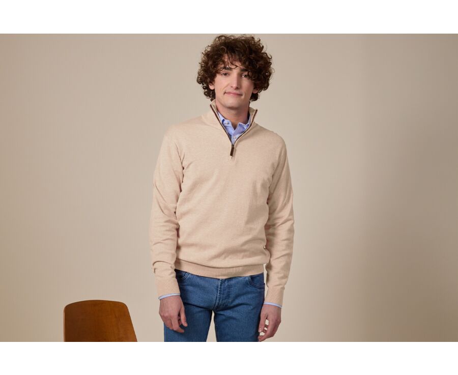Beige Melange organic cotton/cashmere half-zip thin pullover - VLAD