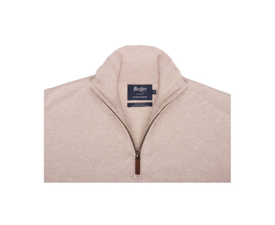 Beige Melange organic cotton/cashmere half-zip thin pullover - VLAD
