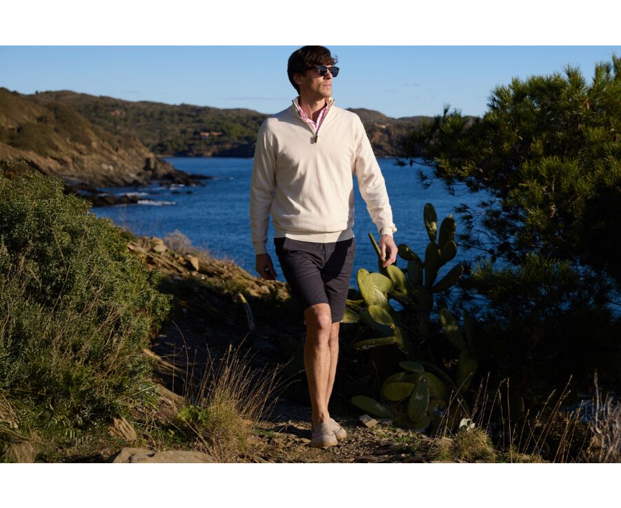 Slim Men's Organic Cotton/Cashmere Sweater with Zipped Collar, Heathered Ecru - VLAD