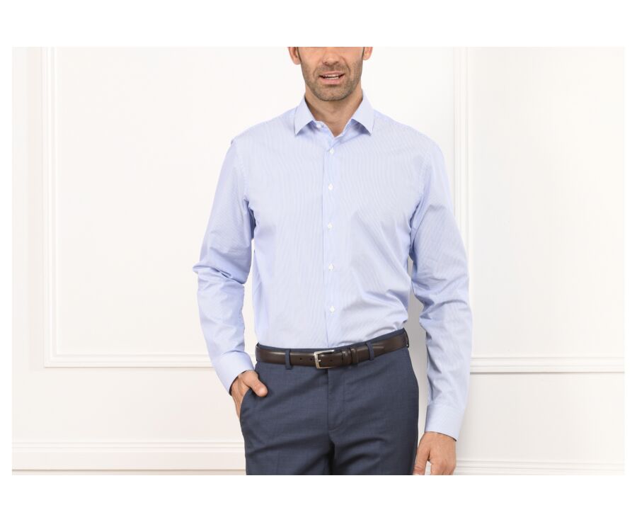 Shirt with thin blue stripes - Straight collar - AUBERTIN CLASSIC