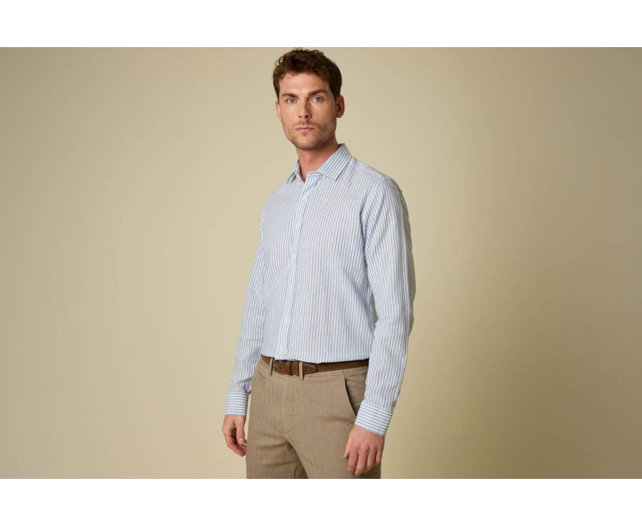 Cotton and linen striped shirt in vintage blue and white - EDIBERT