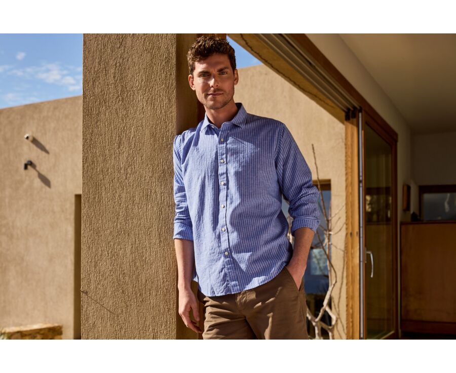 Cotton and linen striped shirt in ocean blue and blue - EDIBERT