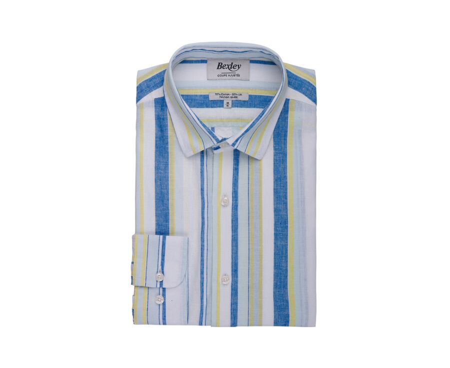 Cotton and linen striped shirt in blue, yellow and light green - EDIBERT