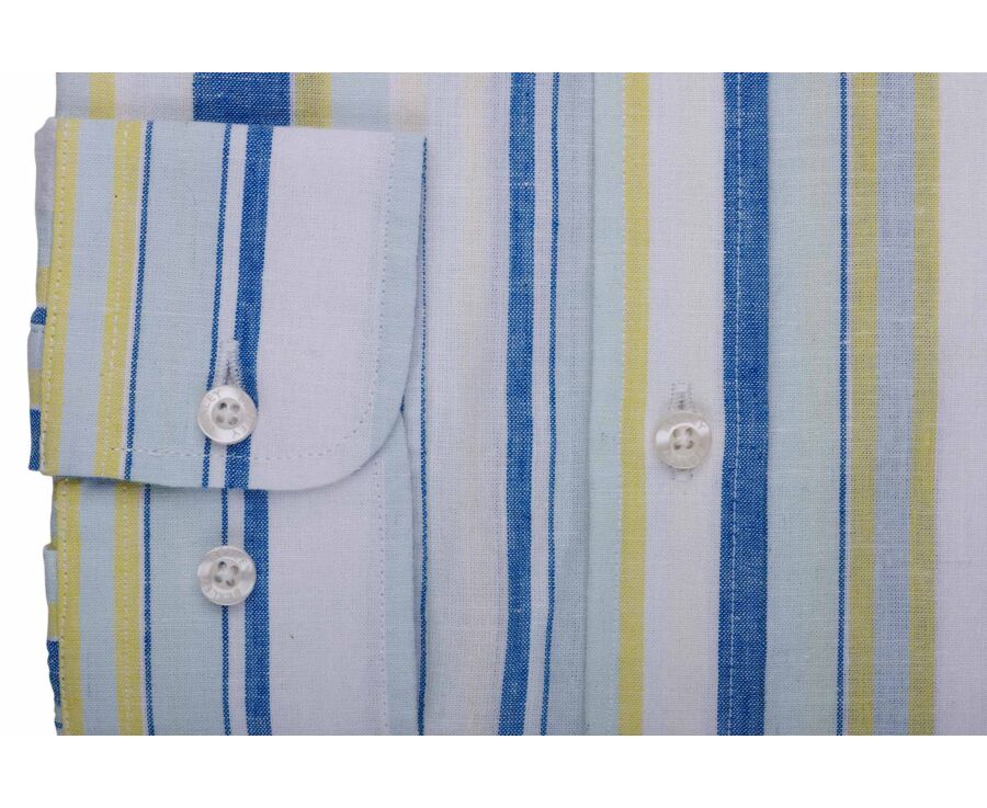 Cotton and linen striped shirt in blue, yellow and light green - EDIBERT