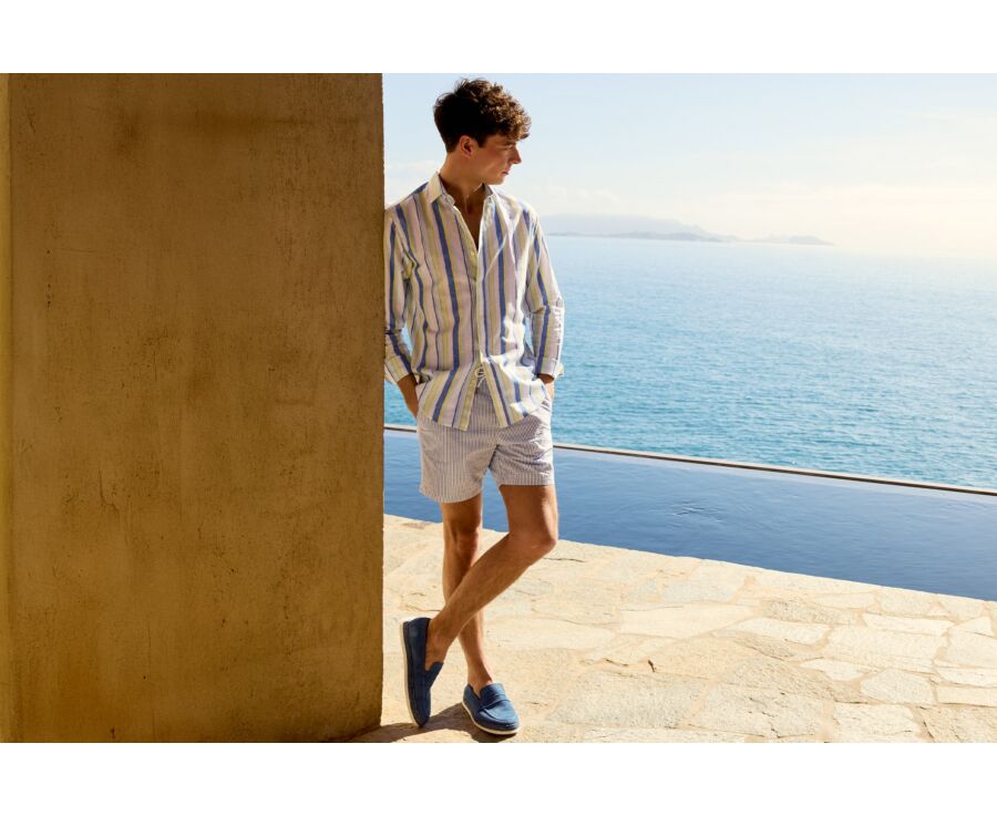 Cotton and linen striped shirt in blue, yellow and light green - EDIBERT