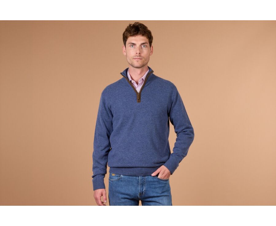 Men's dark blue mélange zip neck lambswool jumper - KEITHY