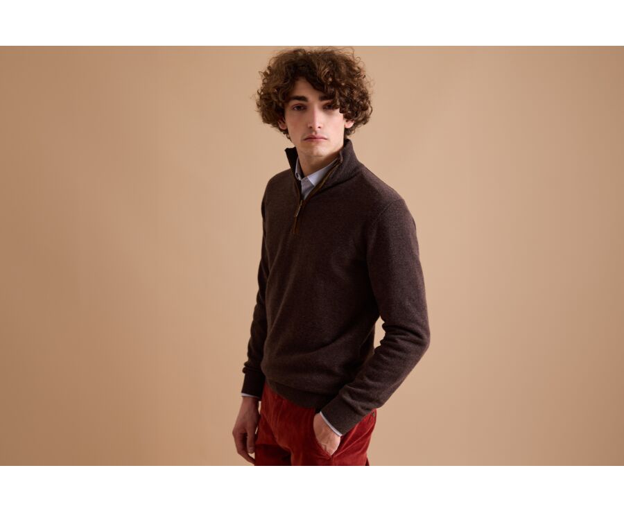 ouat 009 BLACK×BROWN  ZIP KNIT Dark Chocolate half-zip wool jumper Keithy | Bexley