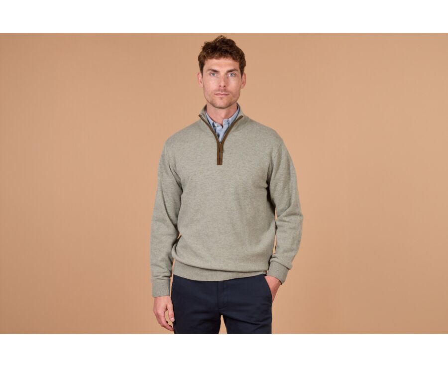 Men's khaki mélange zip neck lambswool jumper - KEITHY