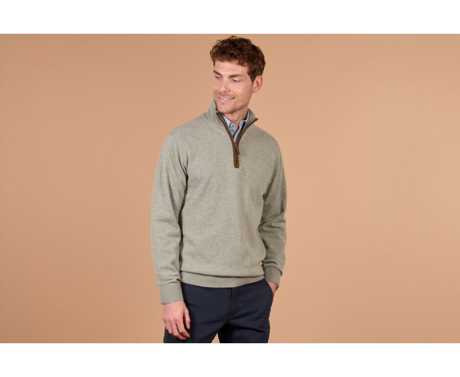 Men's khaki mélange zip neck lambswool jumper - KEITHY