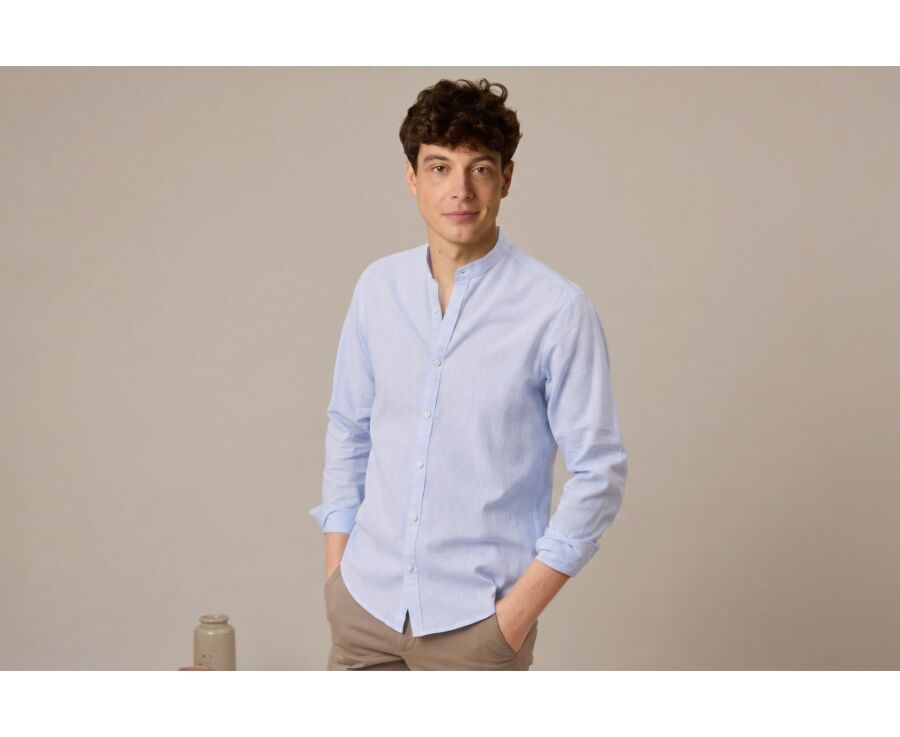 Plain Light Blue Chambray cotton linen shirt - ELIBERT