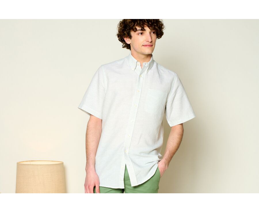 Lime Green Chambray & White cotton linen shirt - Chest pocket - COLTEN MC