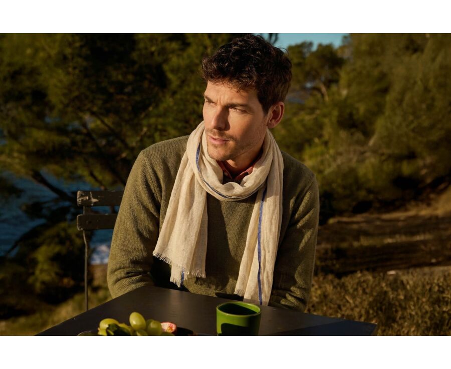 Men’s Linen and Cotton Scarf - Beige Chambray with Navy Trim