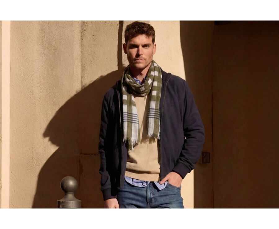 Men’s Linen and Cotton Scarf - Ecru with Khaki and Navy Pattern