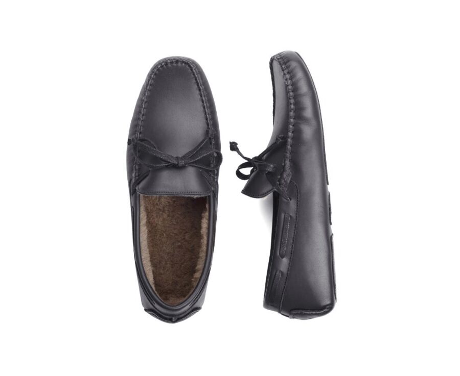Black leather Wool Lining Moccasin slippers