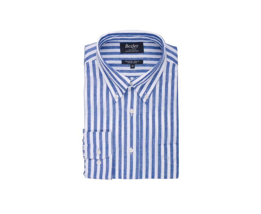 Ocean Blue & White long sleeve cotton linen shirt - COLTEN