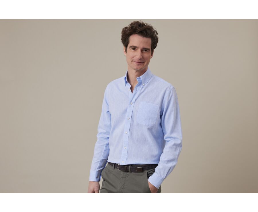 Blue Chambray long sleeve cotton linen shirt - COLTEN