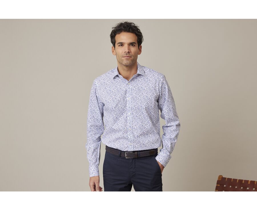 White cotton shrt with blue floral print - ELDORIC