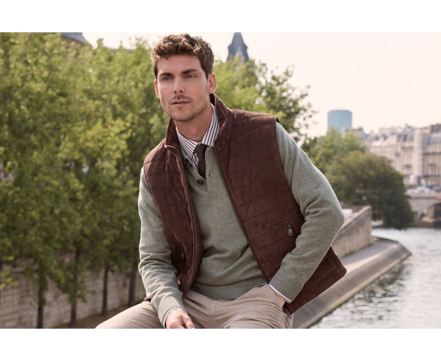 Men's sleeveless down gilet in chocolate suede - NIKLAS