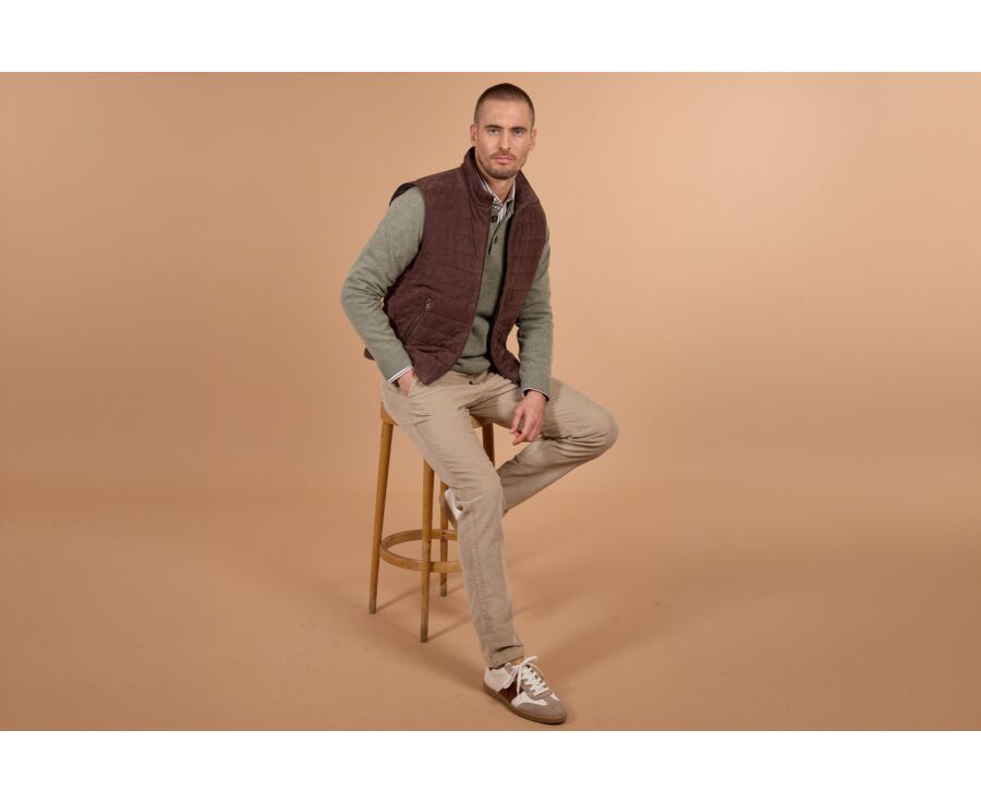 Men's sleeveless down gilet in chocolate suede - NIKLAS