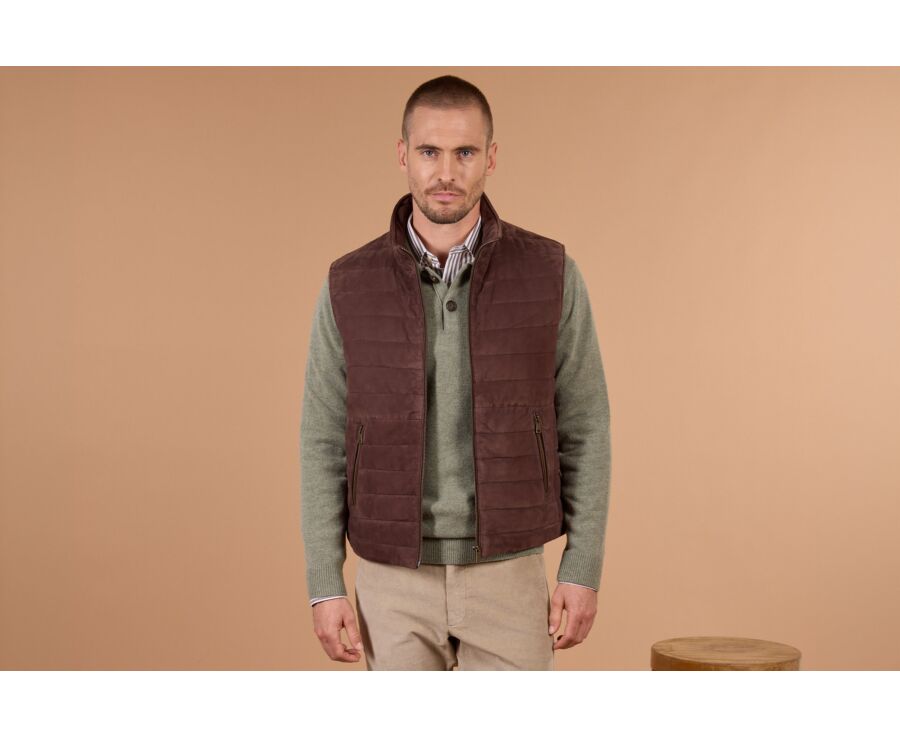 Men's sleeveless down gilet in chocolate suede - NIKLAS