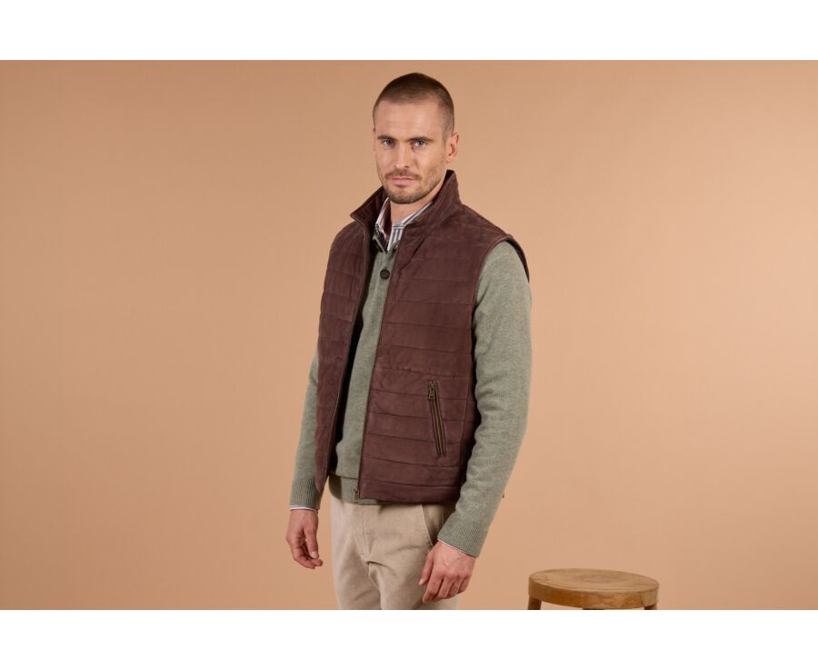 Men's sleeveless down gilet in chocolate suede - NIKLAS