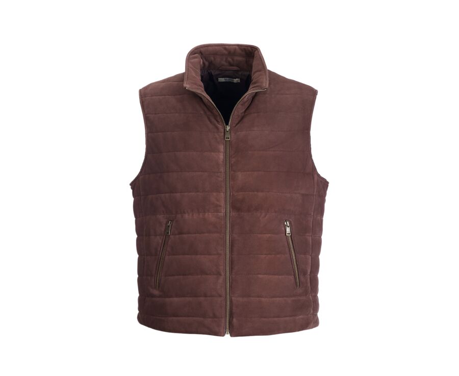 Men's sleeveless down gilet in chocolate suede - NIKLAS