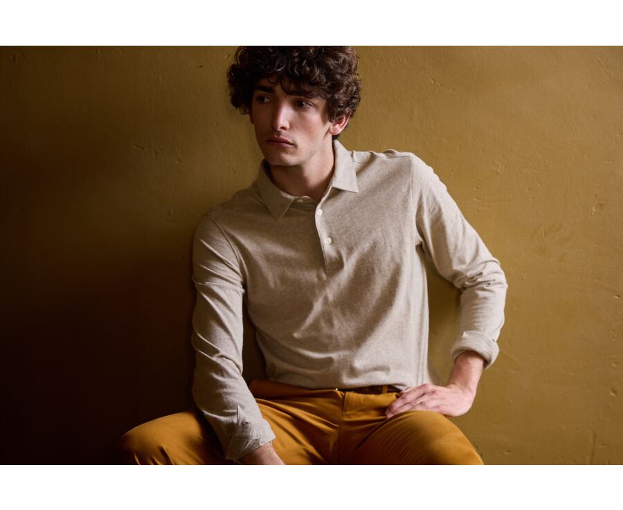 Light Taupe Melange Men's long sleeve polo shirt - AIDEN ML