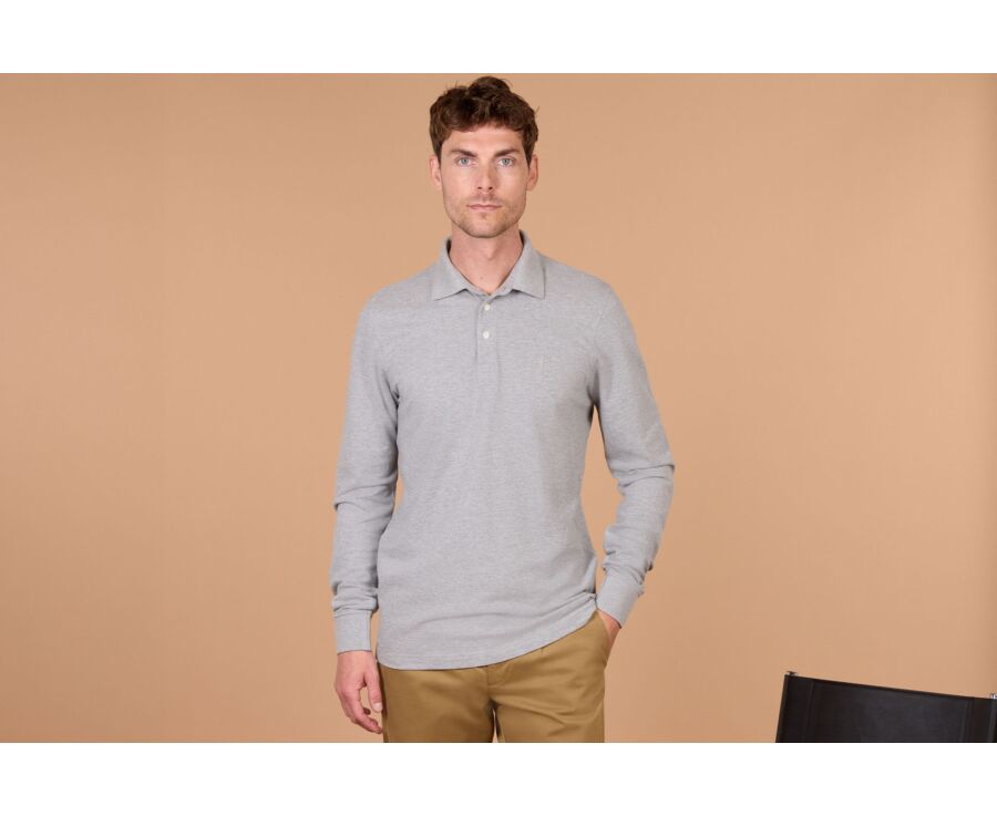 Men's grey mélange long sleeve cotton piqué polo - ALEC II ML