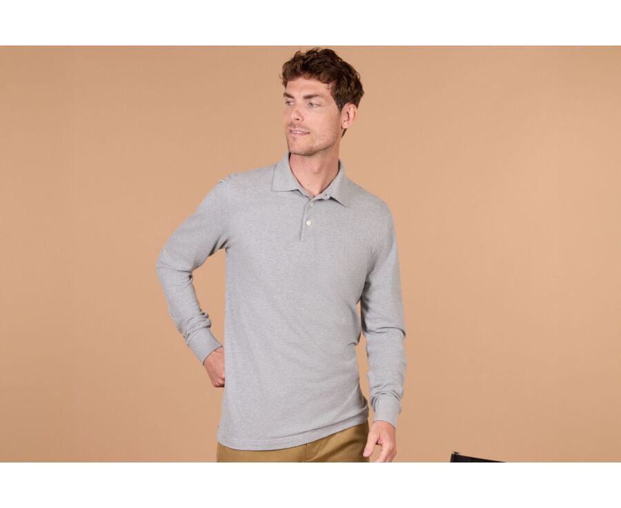 Men's grey mélange long sleeve cotton piqué polo - ALEC II ML