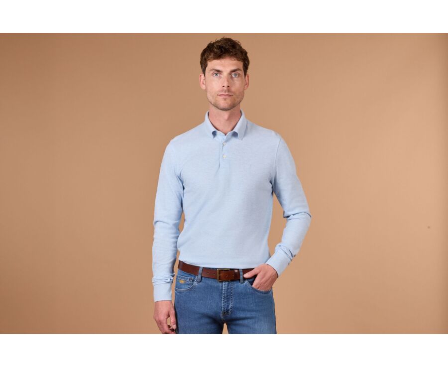 Men's sky blue mélange long sleeve cotton piqué polo - ALEC II ML