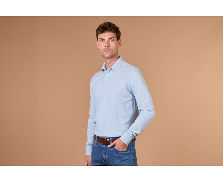 Men's sky blue mélange long sleeve cotton piqué polo - ALEC II ML