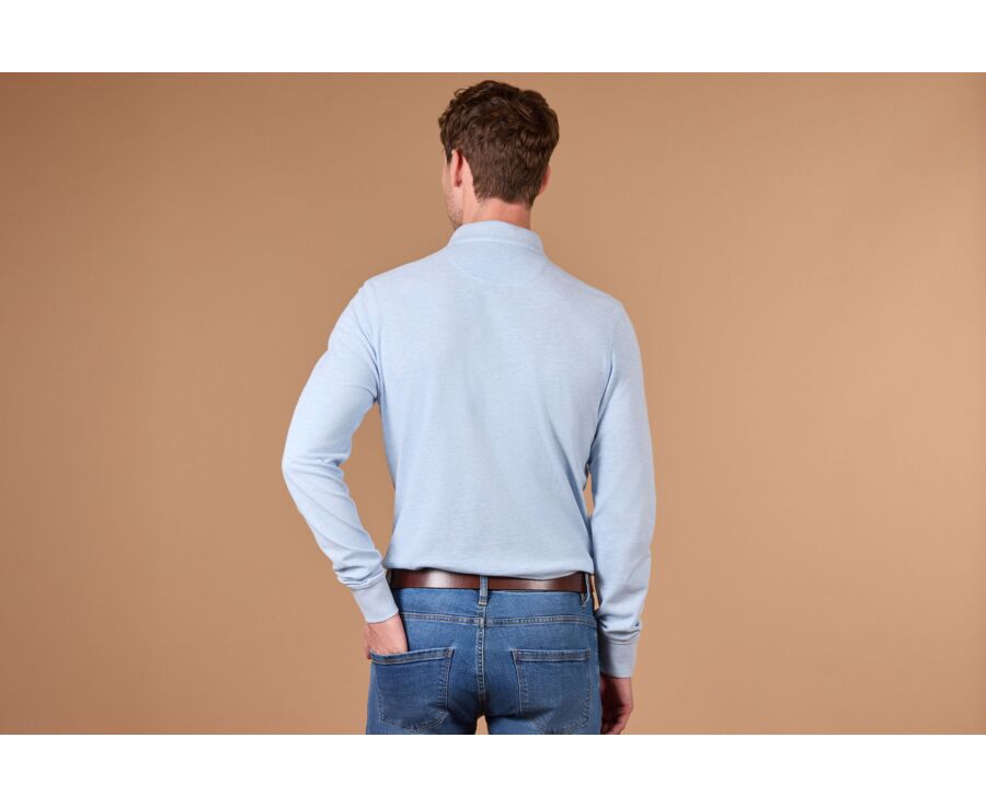 Men's sky blue mélange long sleeve cotton piqué polo - ALEC II ML